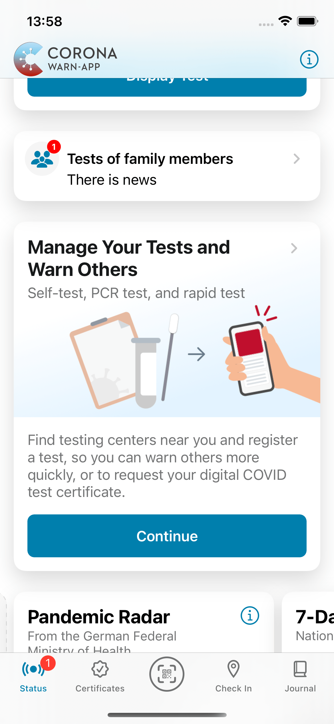 "Manage Your Tests and Warn Others" tile on "Status"